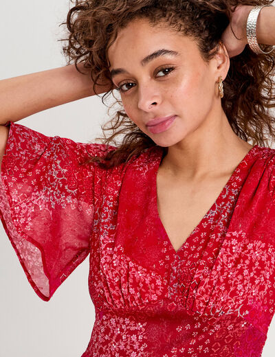 Robe longue évasée col en V rouge femme