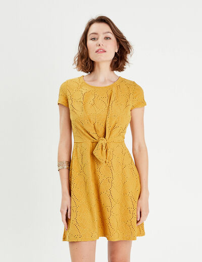 Robe évasée détail noeud jaune moutarde femme