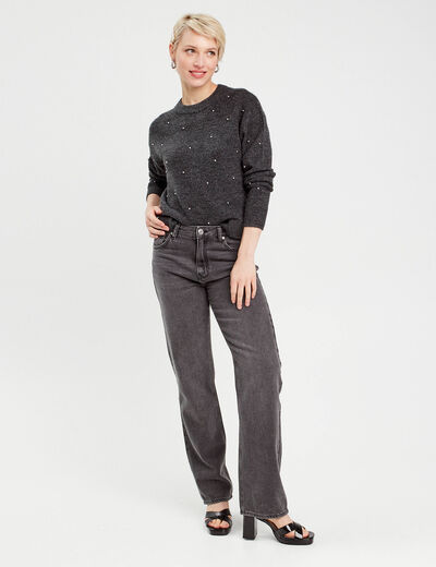 Pull col rond avec perles gris foncé femme