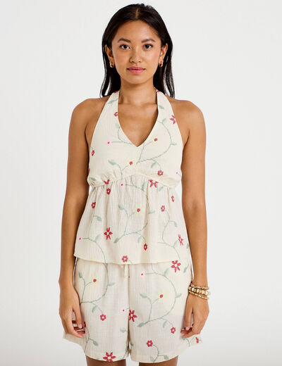 Top dos nu brod&eacute; blanc femme