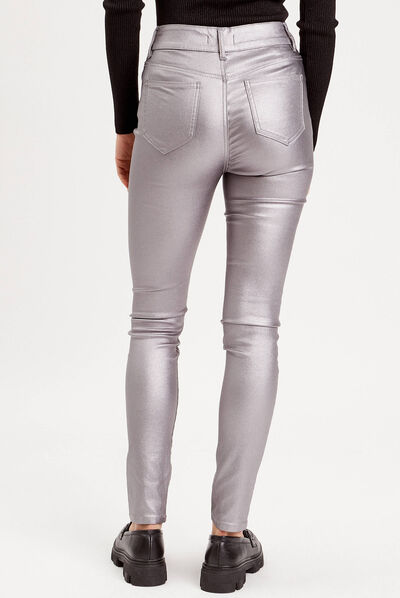 Pantalon skinny métallisé gris argent femme