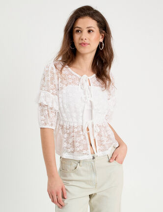 Blouse dentelle nou&eacute;e blanc femme