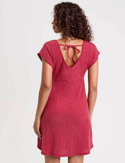 Robe courte évasée col v manches courtes rouge foncé femme