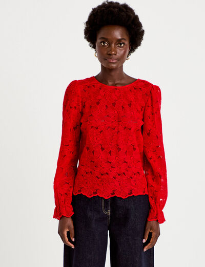 Blouse droite col v en dentelle rouge femme