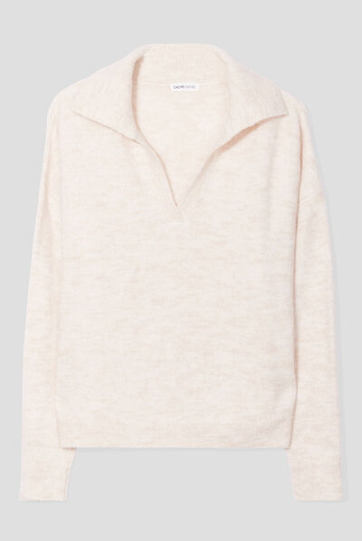 Pull avec col polo beige femme