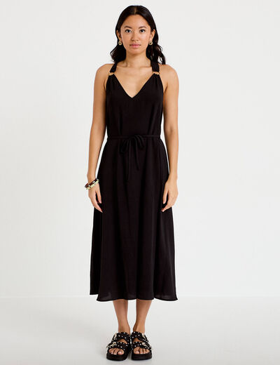 Robe longue droite col v bretelles fines noir femme