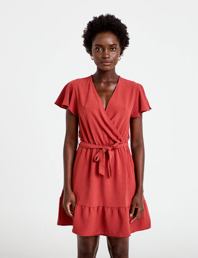 Robe courte &eacute;vas&eacute;e col v manches courtes vieux rose femme