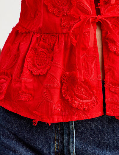 Blouse manches courtes noeuds rouge fluo femme