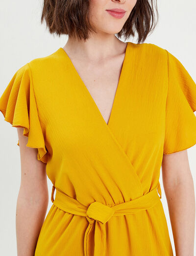 Robe longue évasée cache-coeur jaune femme