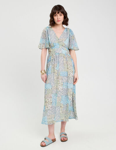 Robe longue évasée col en V bleu femme
