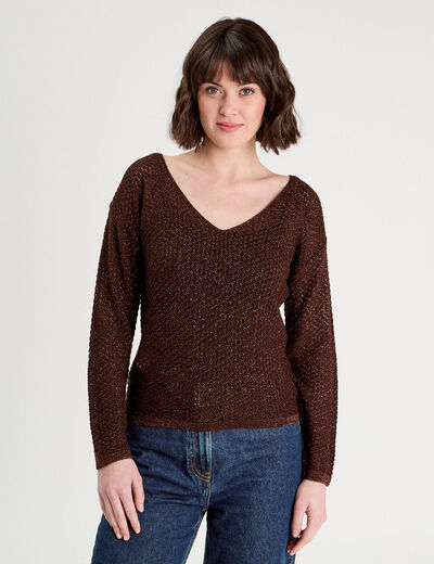 Pull ajouré manches longues marron foncé femme