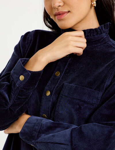 Robe &eacute;vas&eacute;e velours col montant bleu marine femme