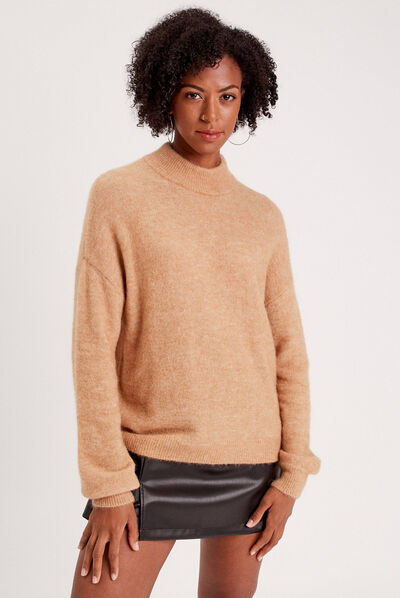 Pull col montant beige femme