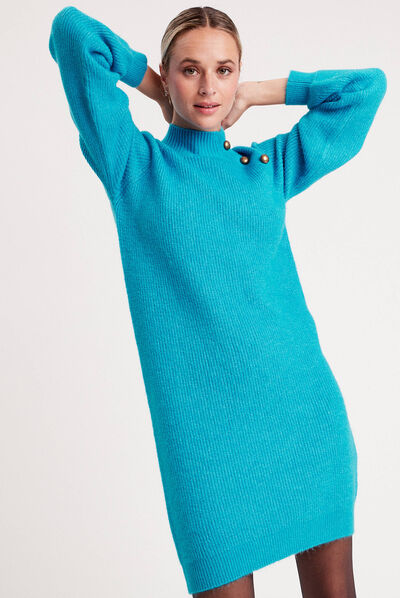 Robe pull droite col montant bleu femme