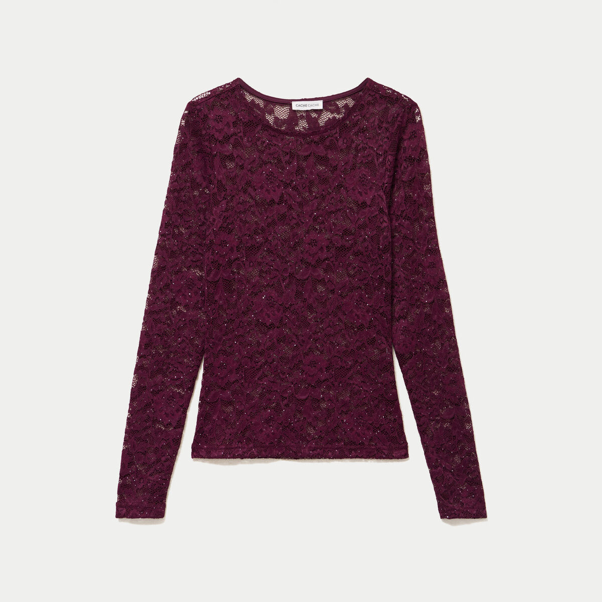 Top ajust&eacute; manches longues dentelle prune femme