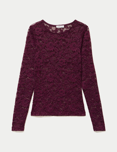 Top ajust&eacute; manches longues dentelle prune femme