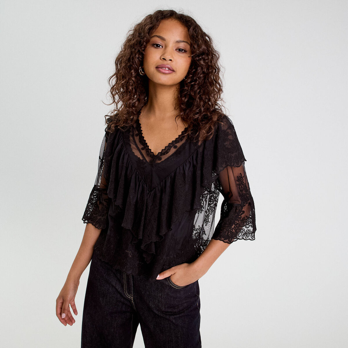 Blouse manches 3/4 dentelle noir femme