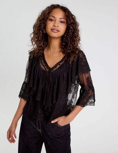Blouse manches 3/4 dentelle noir femme