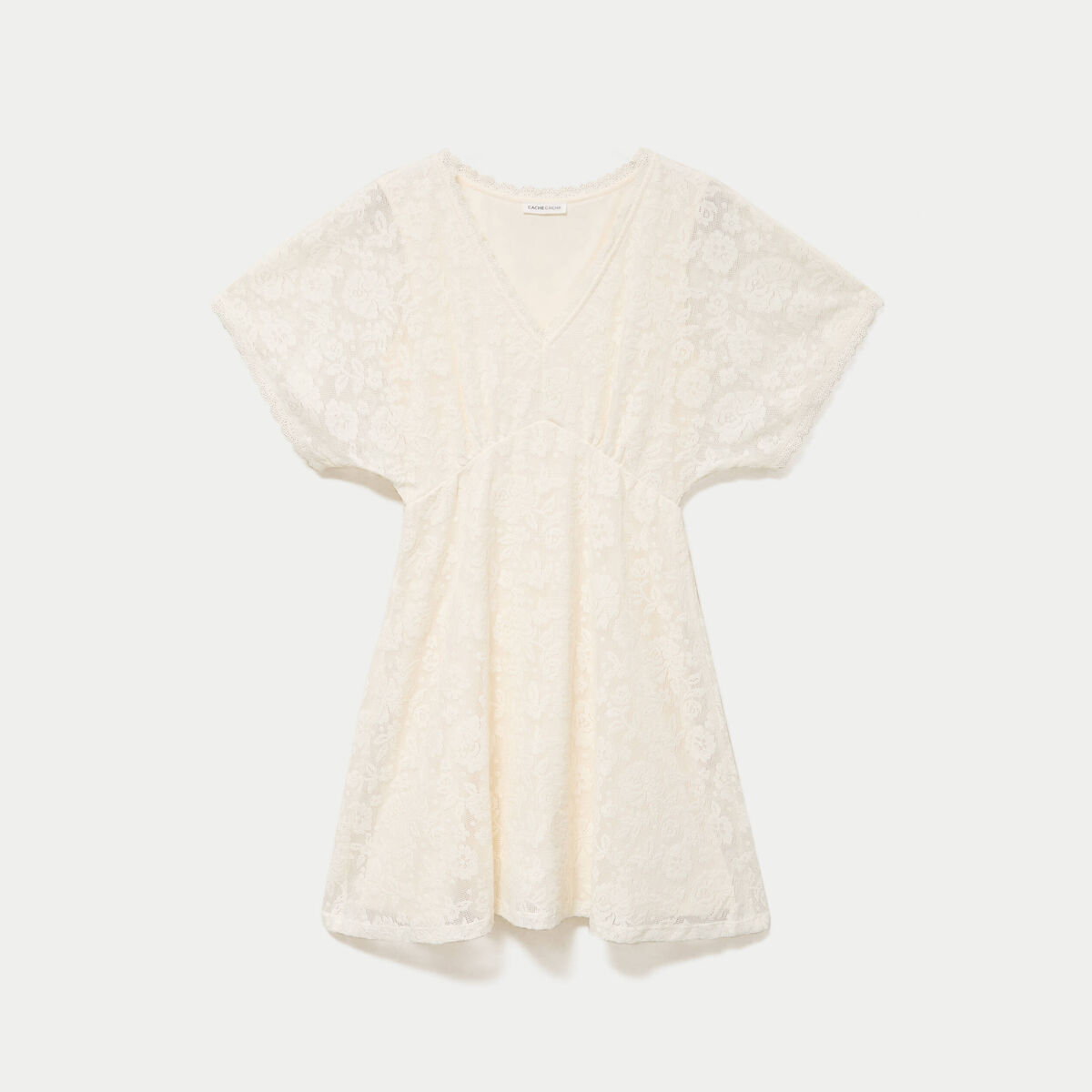 Robe courte &eacute;vas&eacute;e col v dentelle ecru femme