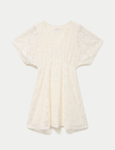 Robe courte &eacute;vas&eacute;e col v dentelle ecru femme