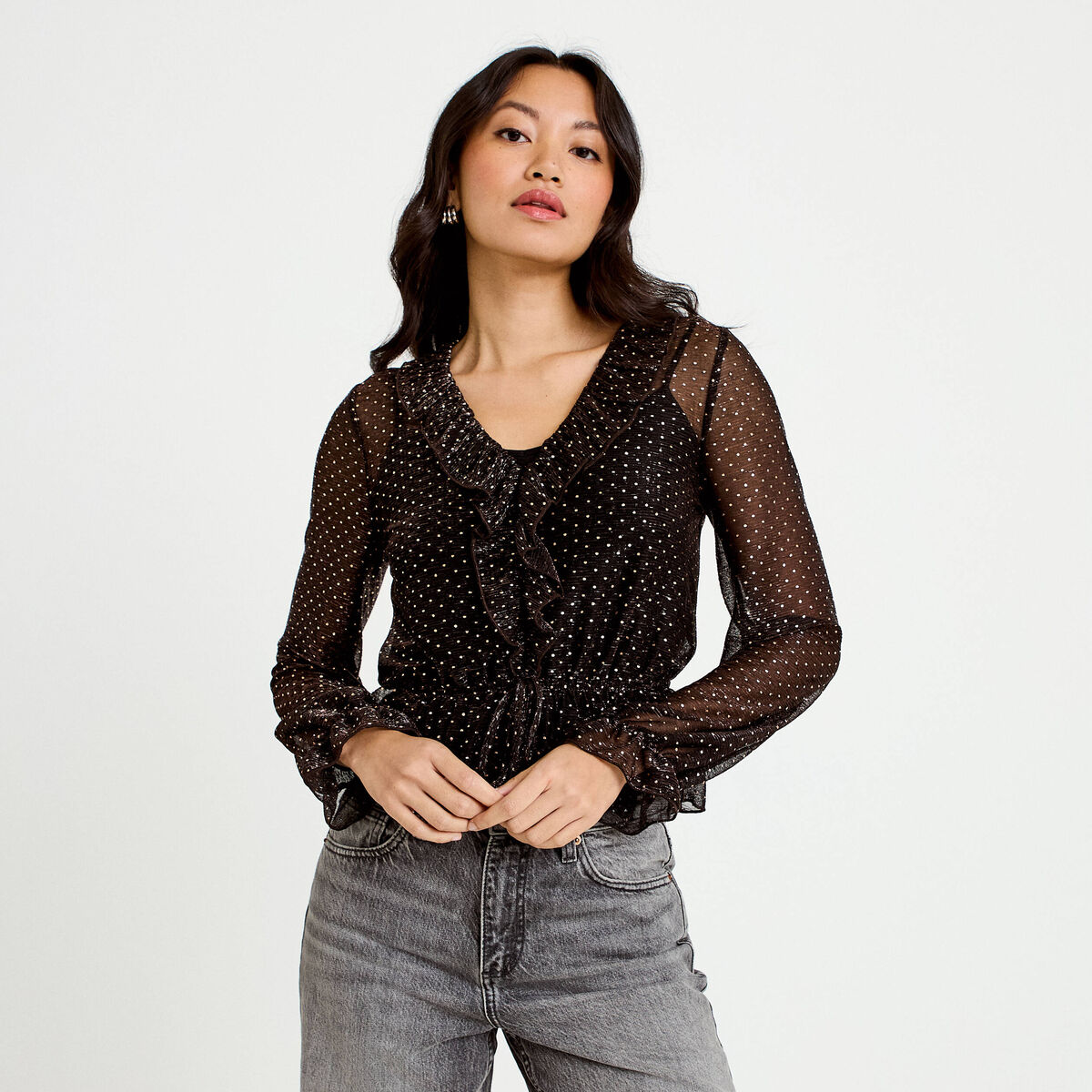 Blouse d&eacute;collet&eacute; manches longues marron fonc&eacute; femme