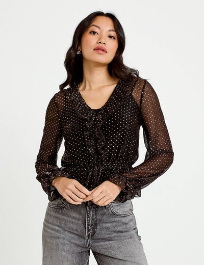 Blouse d&eacute;collet&eacute; manches longues marron fonc&eacute; femme