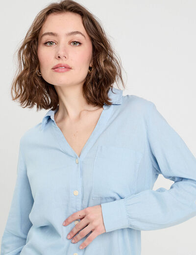 Chemise manches longues contenant du lin bleu pastel femme