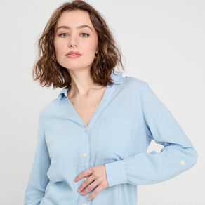 chemise manches longues contenant du lin bleu pastel femme Chemise manches longues contenant du lin bleu pastel femme