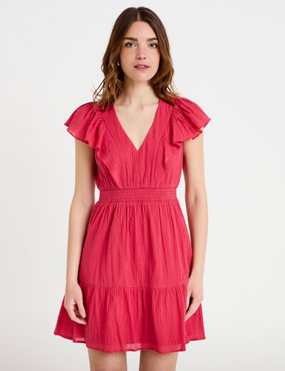 Robe courte &eacute;vas&eacute;e col v manches courtes rose framboise femme