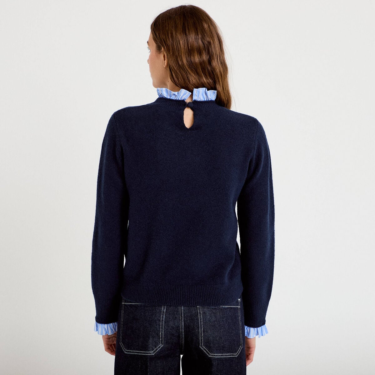 Pull col chemise manches longues bleu marine femme