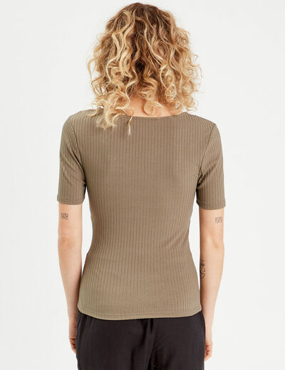 T-shirt col en V anneau vert kaki femme