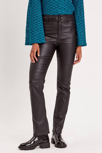 Pantalon regular enduit à pont noir femme