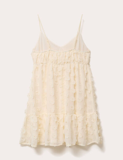 Robe courte évasée col v à bretelles ecru femme