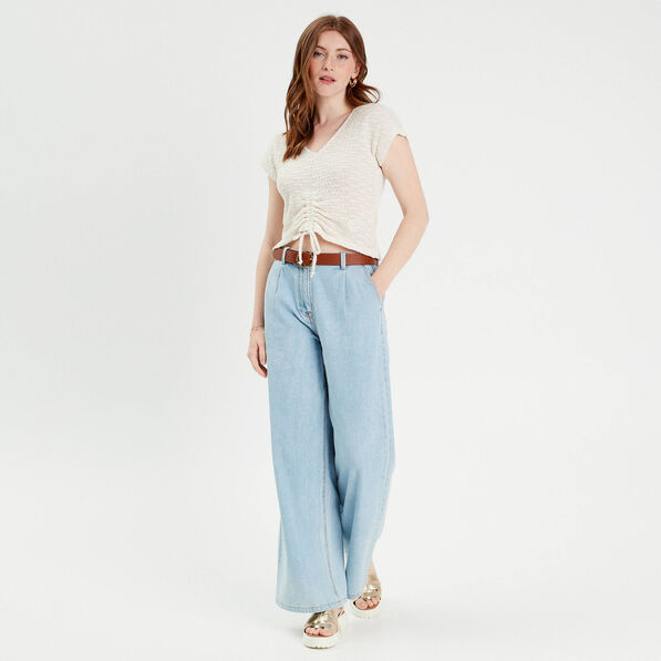t shirt manches courtes ajoure creme femme T-shirt manches courtes ajouré creme femme