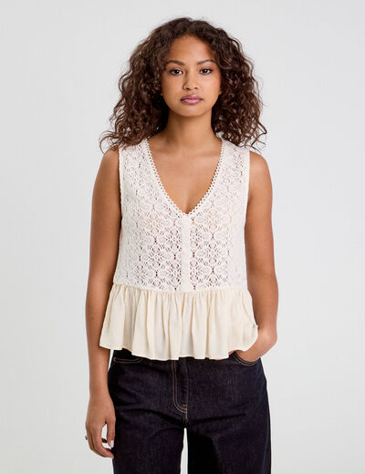 Blouse sans manches dentelle ecru femme