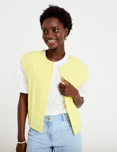 Gilet barman ample cropped pliss&eacute; jaune citron femme