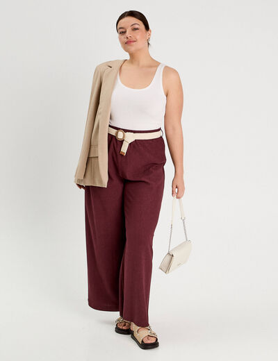 Pantalon large fluide ceinturé prune femme