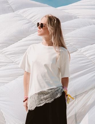 T-shirt oversize longue dentelle ecru femme