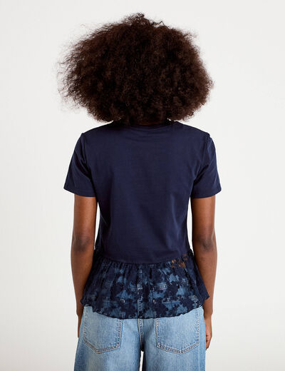 T-shirt manches courtes en dentelle bleu marine femme
