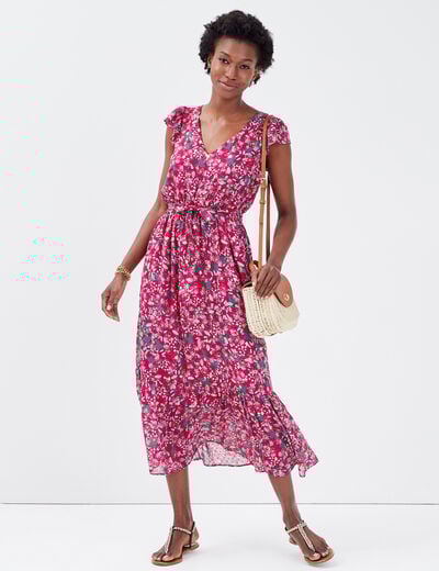 Robe longue évasée ceinturée violet femme