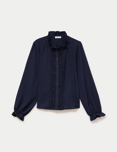 Blouse droite col montant dentelle bleu marine femme