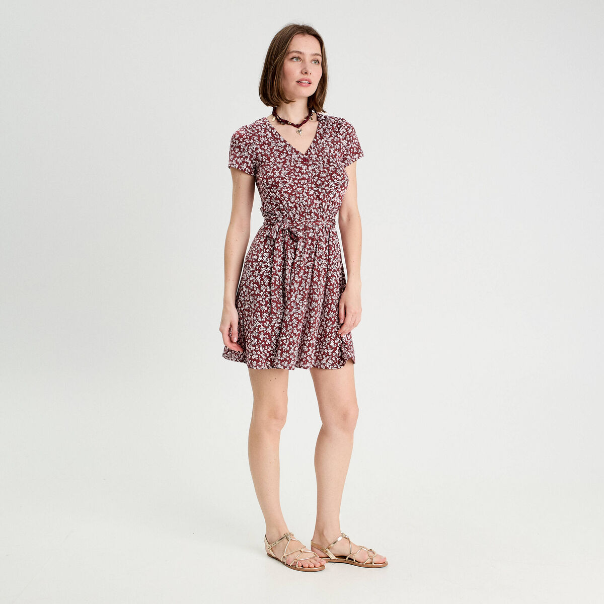 Robe évasée boutonnée marron cognac femme