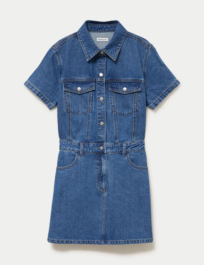 Robe droite courte en jean col chemise denim stone femme