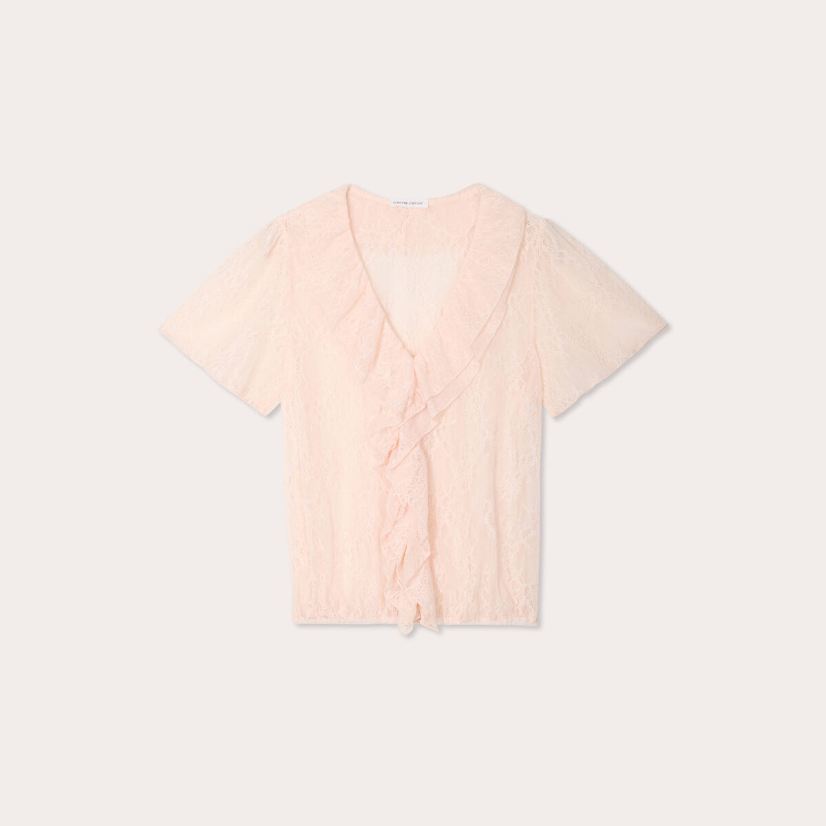 Top dentelle et volants rose clair femme