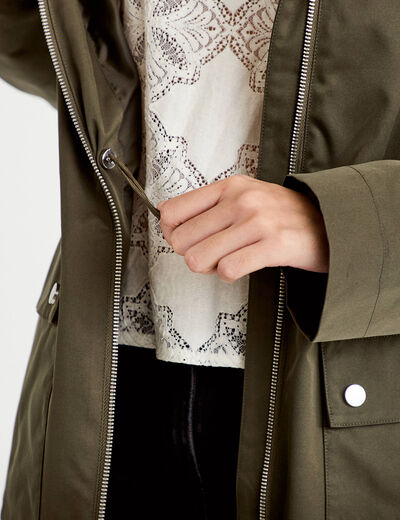 Parka &agrave; capuche taille ajustable vert kaki femme