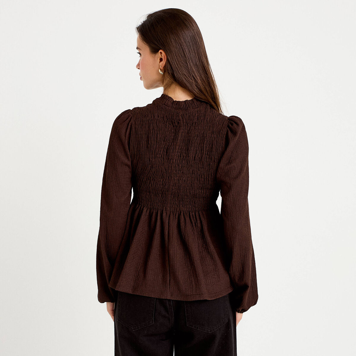 Blouse p&eacute;plum manches longues pliss&eacute;e marron fonc&eacute; femme
