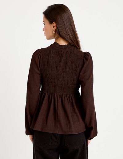 Blouse p&eacute;plum manches longues pliss&eacute;e marron fonc&eacute; femme