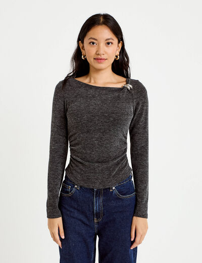 Top cintr&eacute; col bateau manches longues gris fonc&eacute; femme