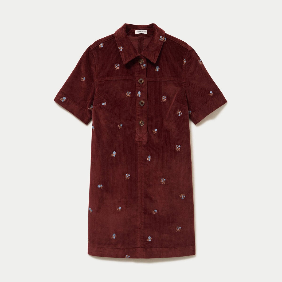 Robe droite courte en velours brod&eacute; marron femme