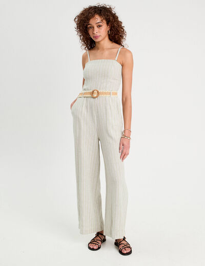 Combinaison pantalon bretelles avec lin vert femme